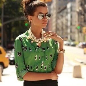 Anthropologie Maeve Women’s Green Long Sleeve French Bulldog Blouse Small 6